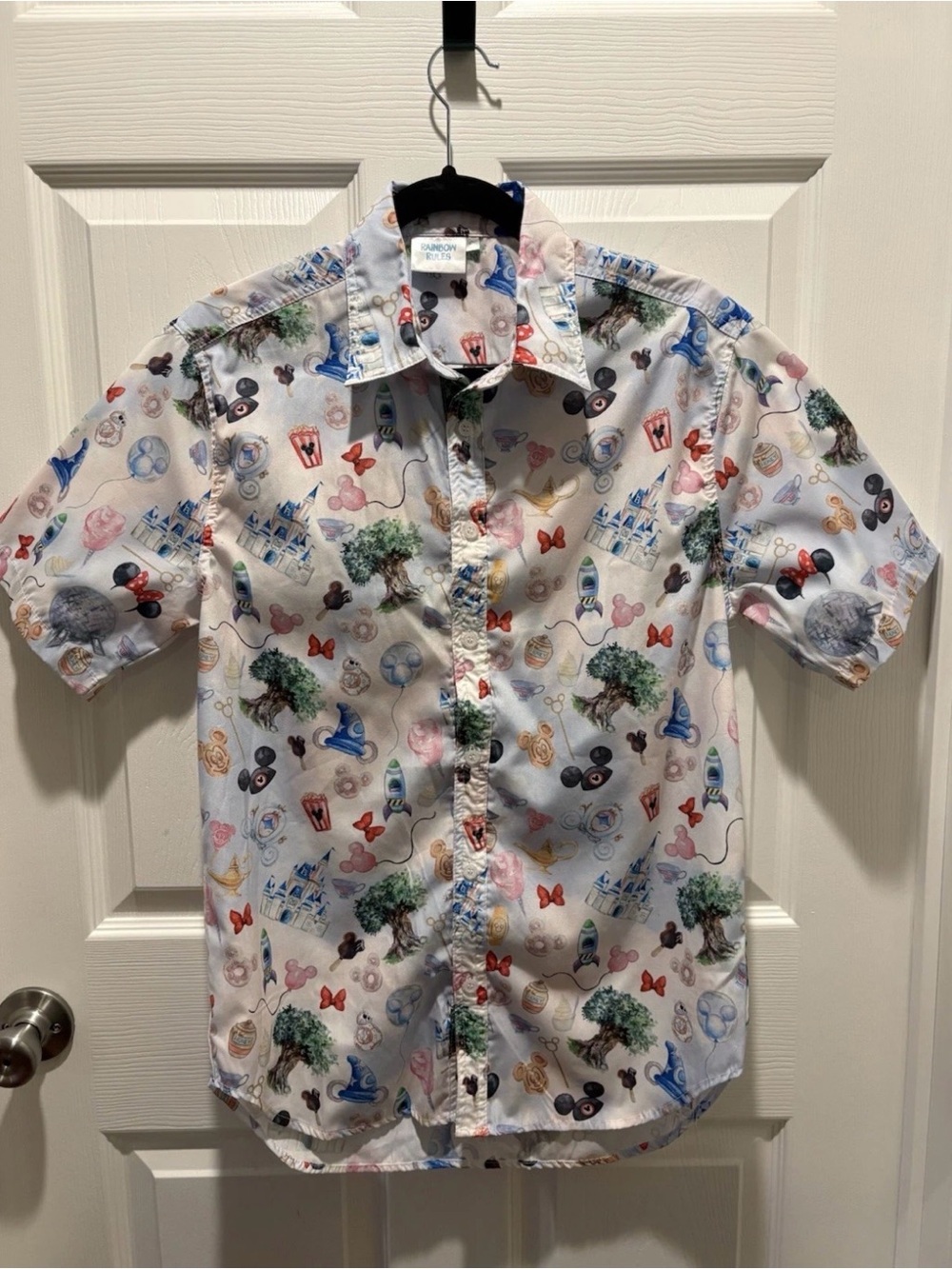 Rainbow White Short Sleeve Button-Down Shirt with Multicolor Theme Park Print